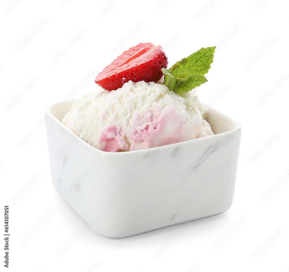 Bowl of delicious ice cream with fresh strawberry and mint isolated on white background