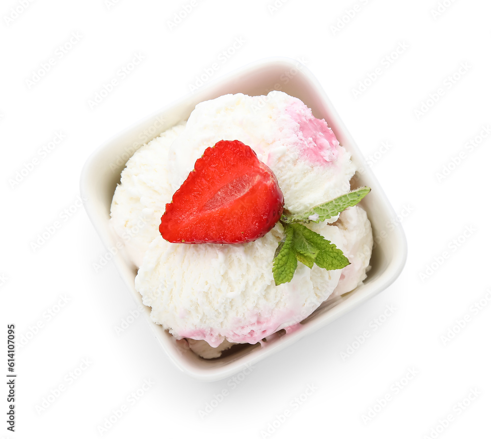 Bowl of delicious ice cream with fresh strawberry and mint isolated on white background