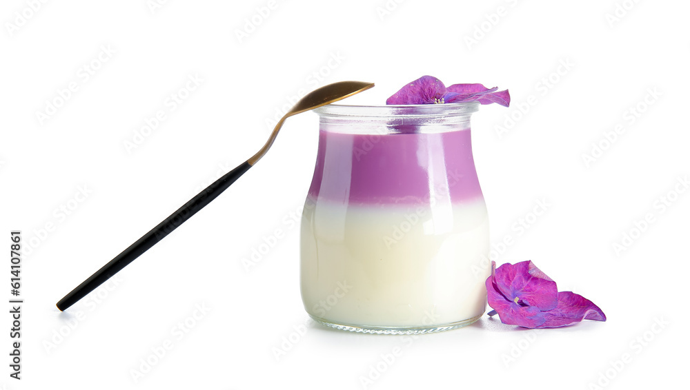 Glass of panna cotta with beautiful hydrangea flowers on white background