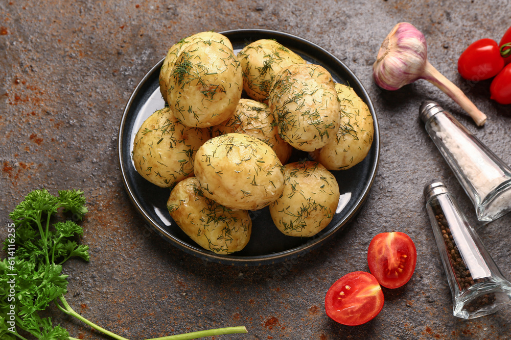 Plate of boiled baby potatoes with dill and tomatoes on dark background