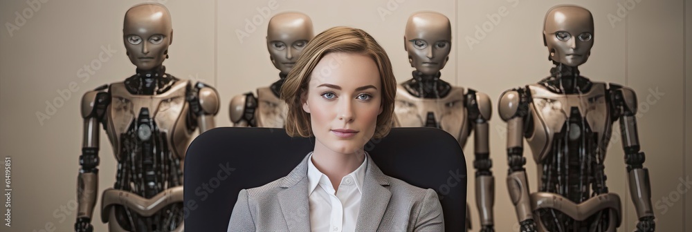 Office staff and woman variety and humanoid robot sit and waiting for a job interview. Generative ai