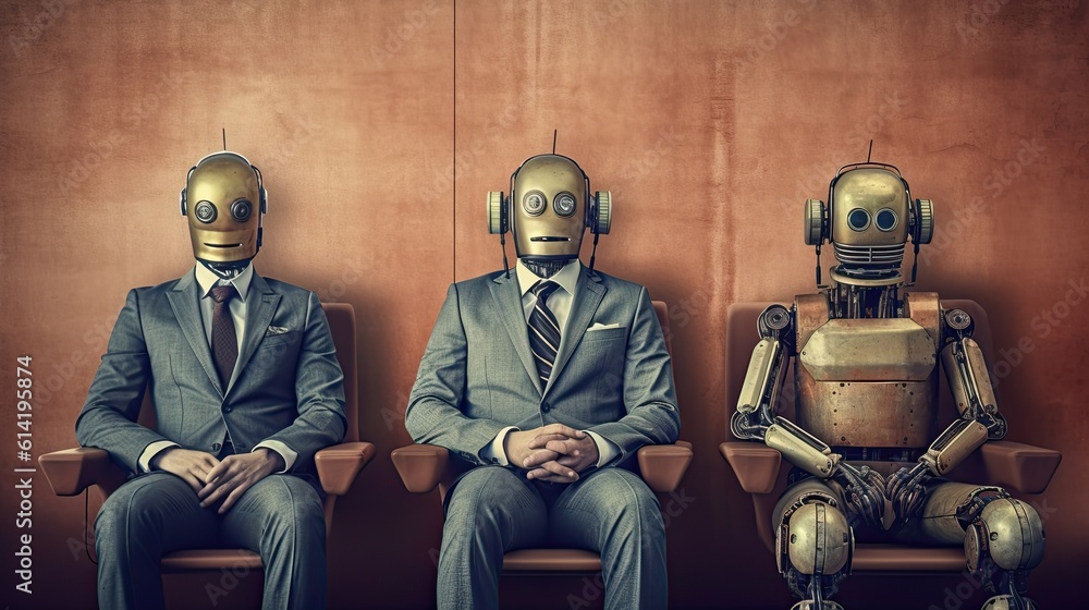 Business people variety and humanoid robot sit and waiting for a job interview. Generative ai