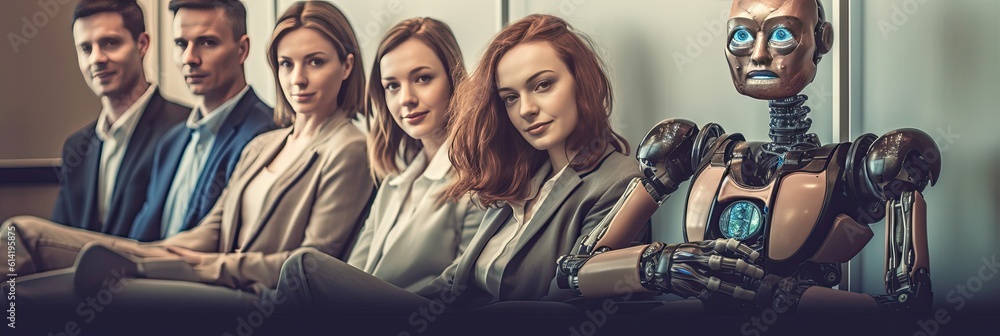 Office staff and woman variety and humanoid robot sit and waiting for a job interview. Generative ai