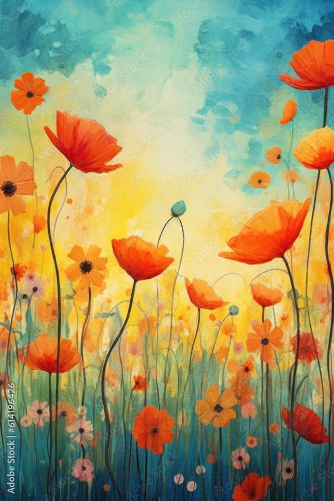 Painted colorful flowers background. Illustration AI Generative.