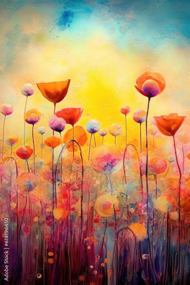 Painted colorful flowers background. Illustration AI Generative.