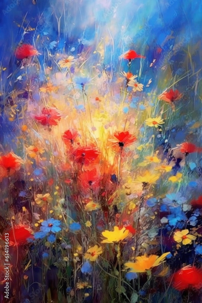 Painted colorful flowers background. Illustration AI Generative.