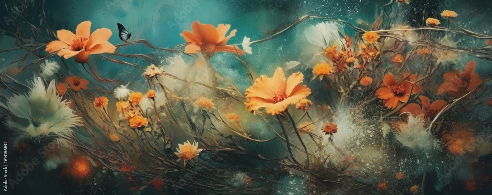 Painted colorful flowers background. Illustration AI Generative.