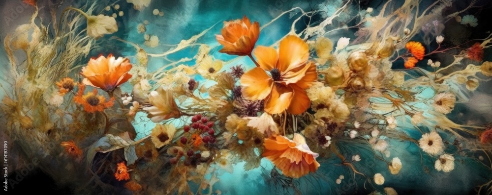 Painted colorful flowers background. Illustration AI Generative.