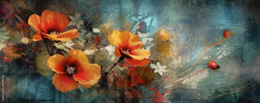 Painted colorful flowers background. Illustration AI Generative.