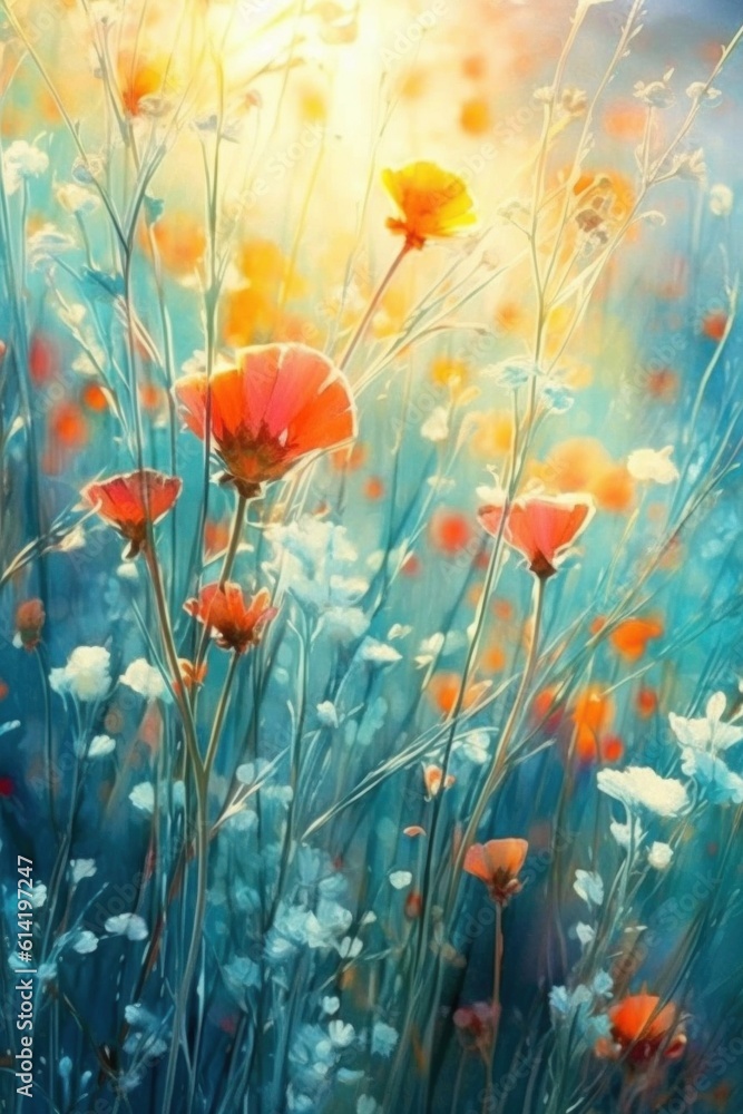 Painted colorful flowers background. Illustration AI Generative.