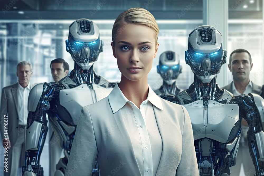 Male and female office workers and humanoid robots working together. Generative ai