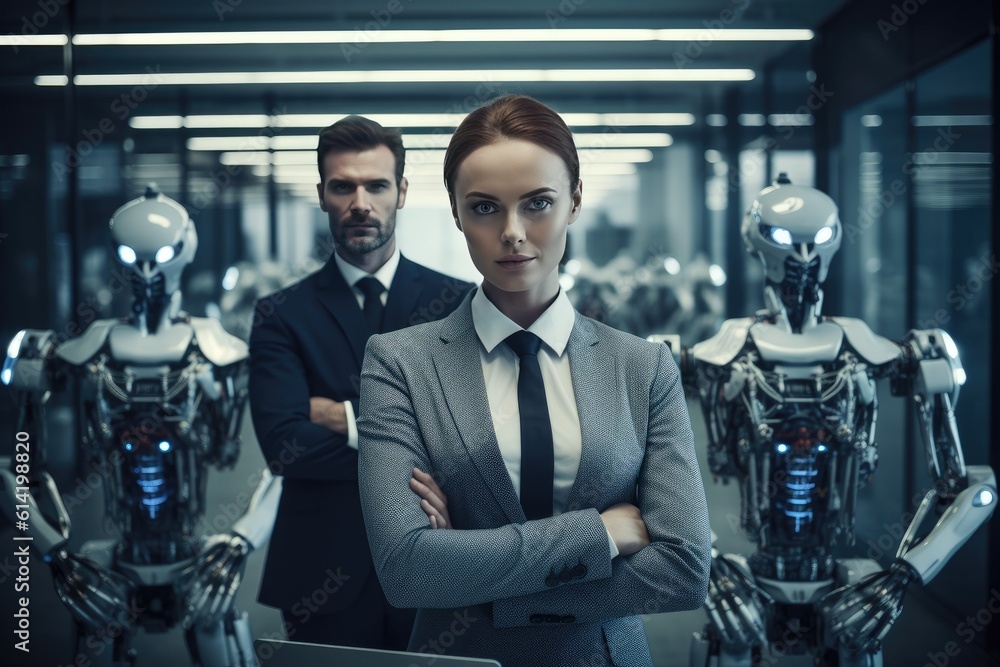 Male and female office workers and humanoid robots working together. Generative ai