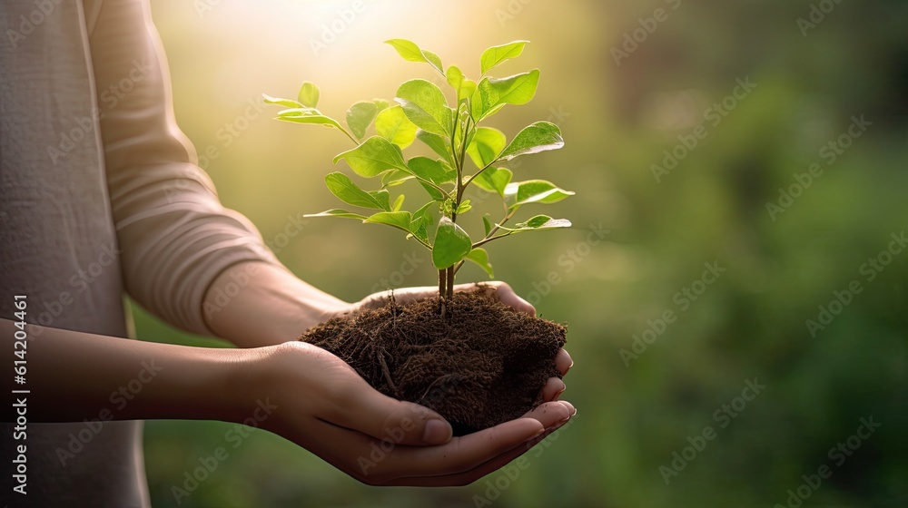 Hand of woman holding young plant in sunshine and green nature background. Generative ai