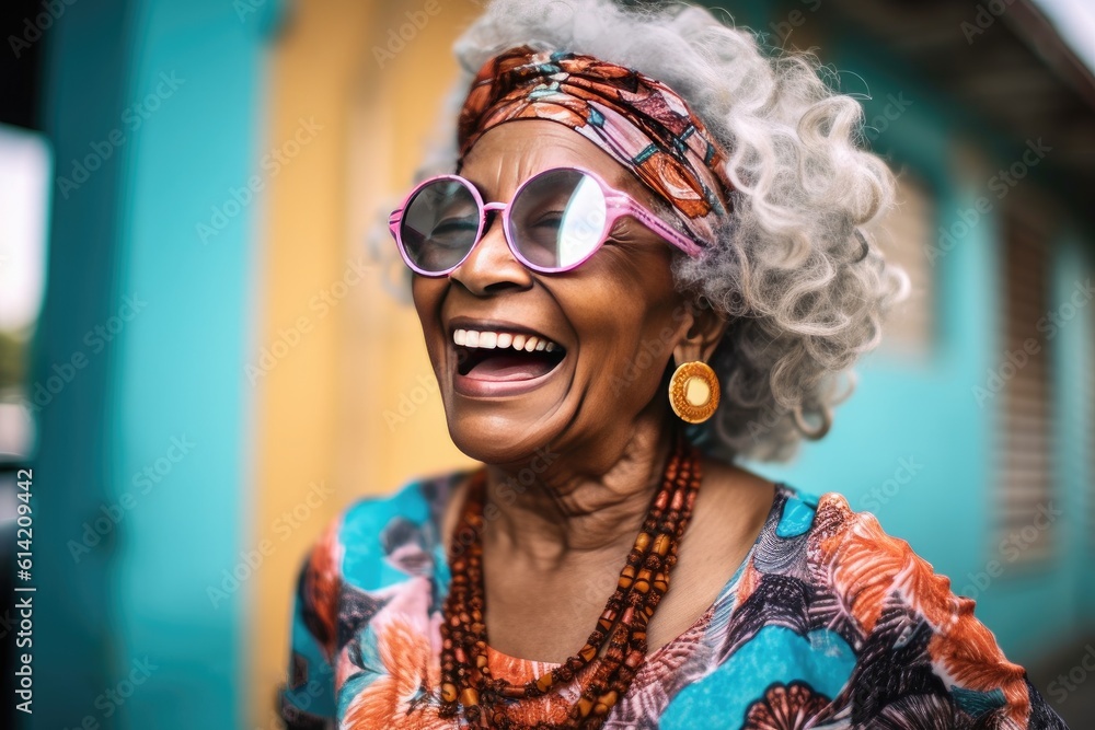 A cheerful lady old black woman wearing sunglasses on street. Generative ai