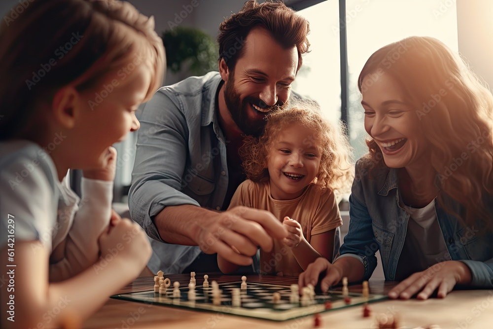 Cheerful family playing board games at home Find happiness and harmony in your free time. Generative