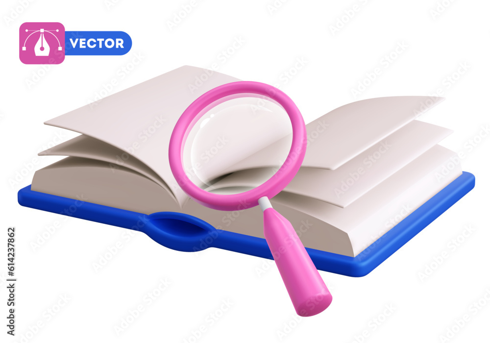 Magnifying glass and open book. 3d realistic icon, case study or search concept. Perspective view, i