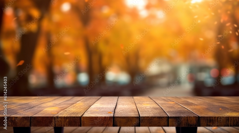 Empty table with Autumn background. Illustration AI Generative.