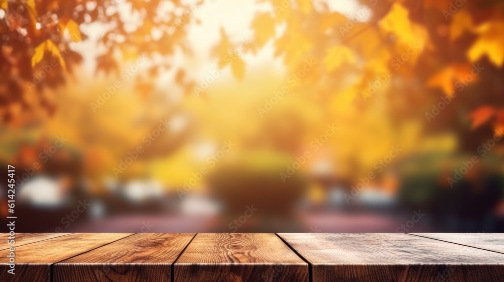 Empty table with Autumn background. Illustration AI Generative.