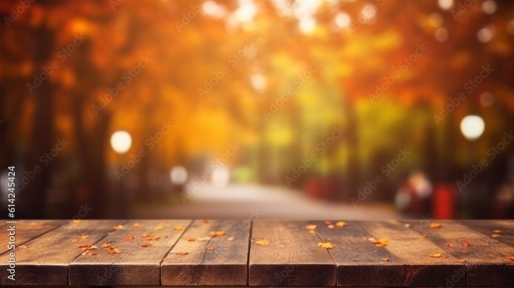 Empty table with Autumn background. Illustration AI Generative.