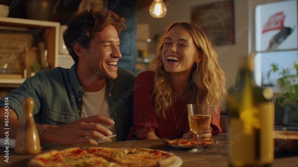 Happy couple eat pizza on the cafe. Illustration Generative AI.