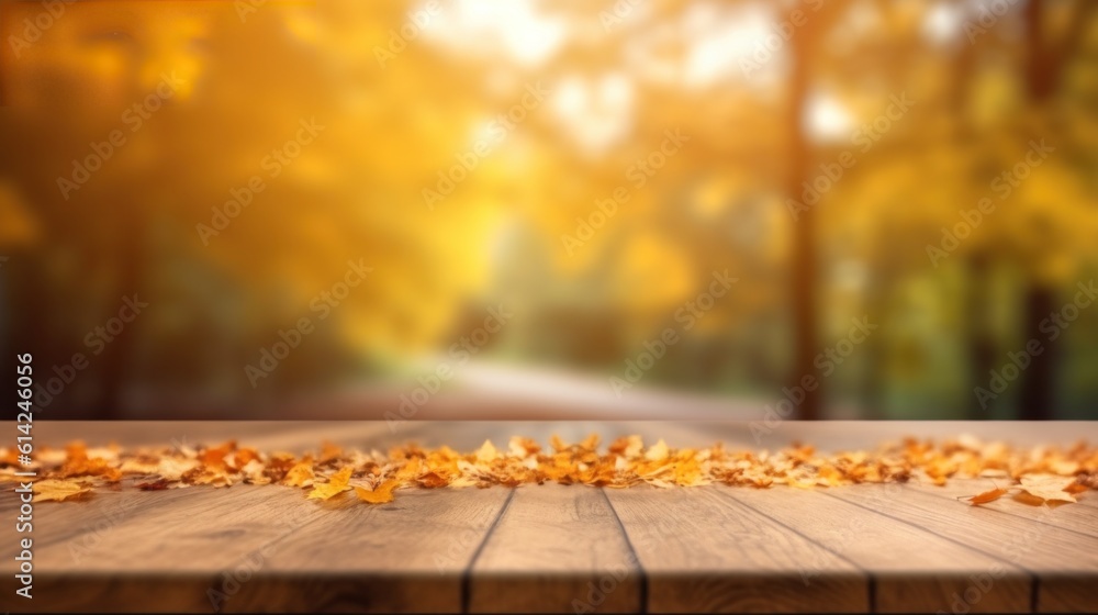 Empty table with Autumn background. Illustration AI Generative.