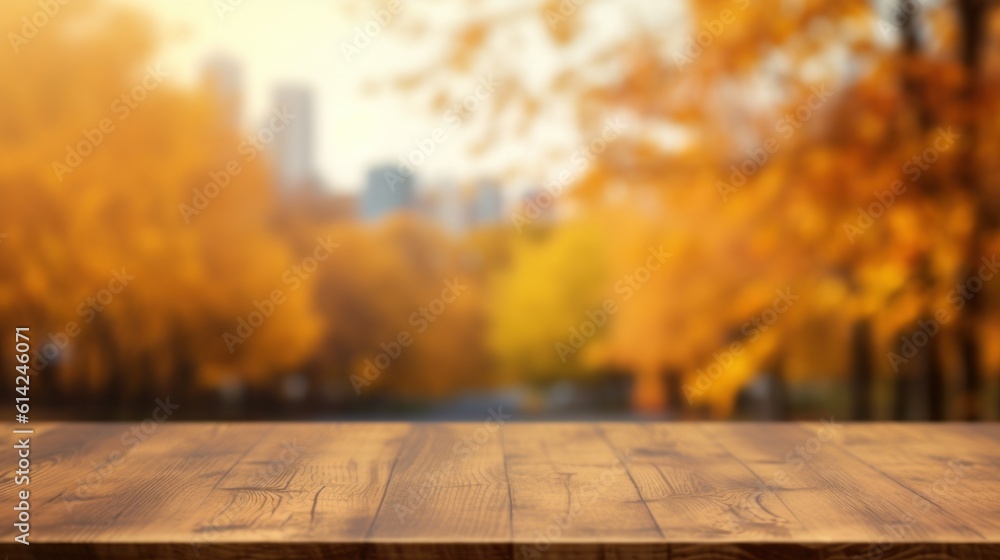 Empty table with Autumn background. Illustration AI Generative.