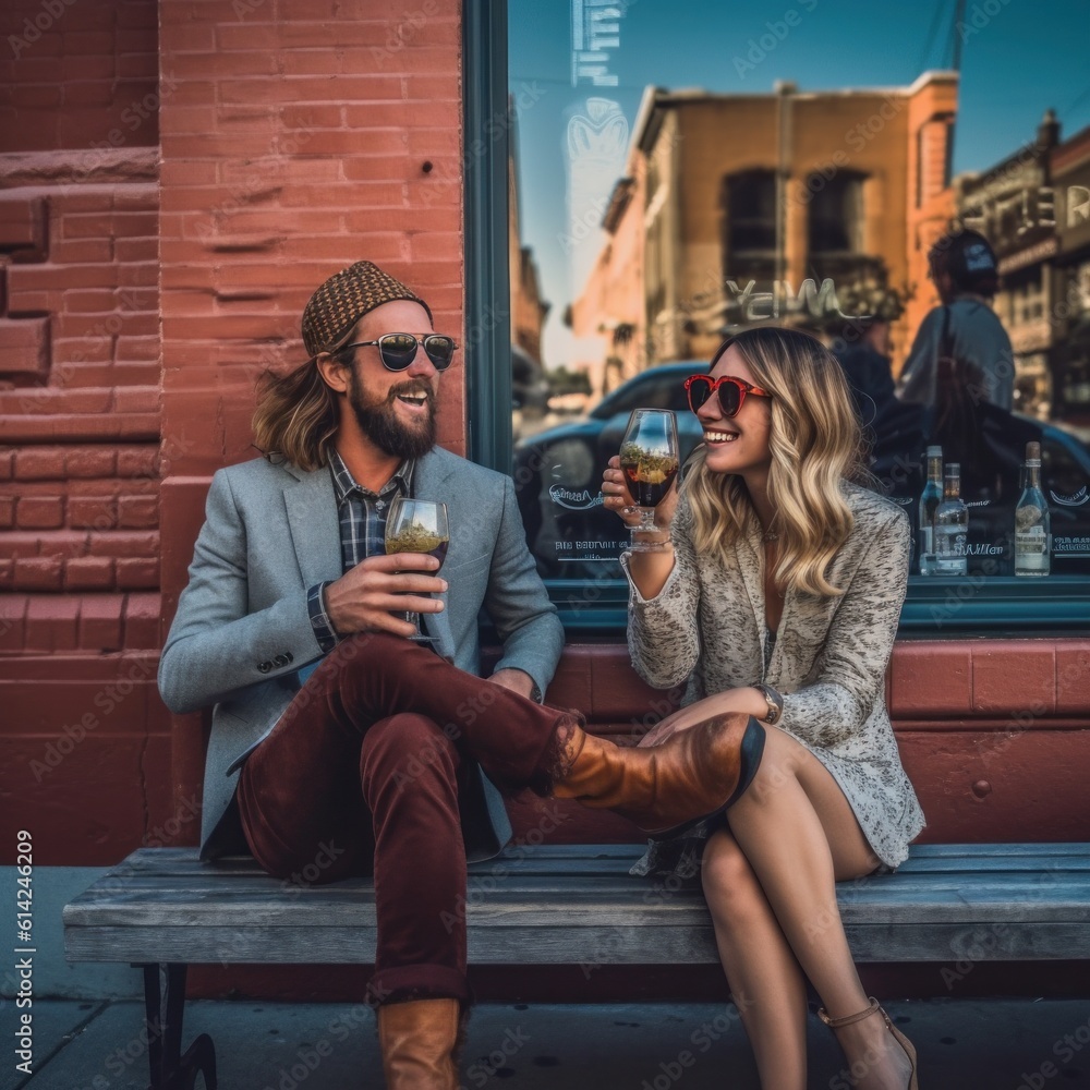 Happy couple drink beer on the street. Illustration AI Generative.