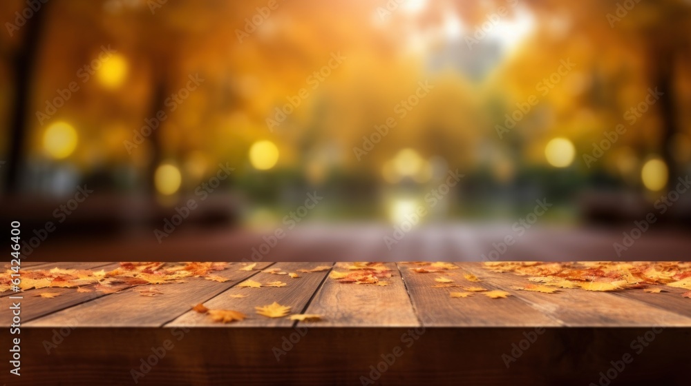 Empty table with Autumn background. Illustration AI Generative.