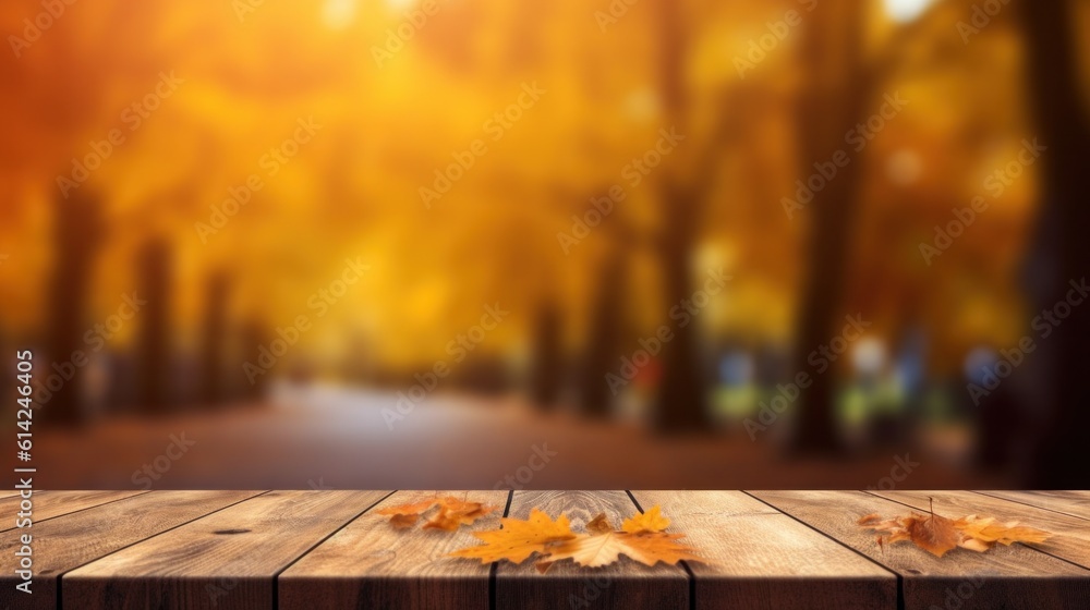 Empty table with Autumn background. Illustration AI Generative.