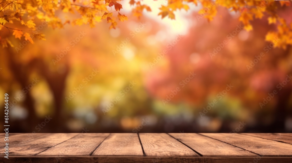 Empty table with Autumn background. Illustration AI Generative.