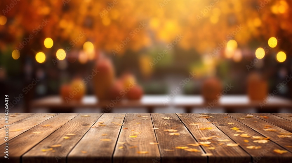 Empty table with Autumn background. Illustration AI Generative.