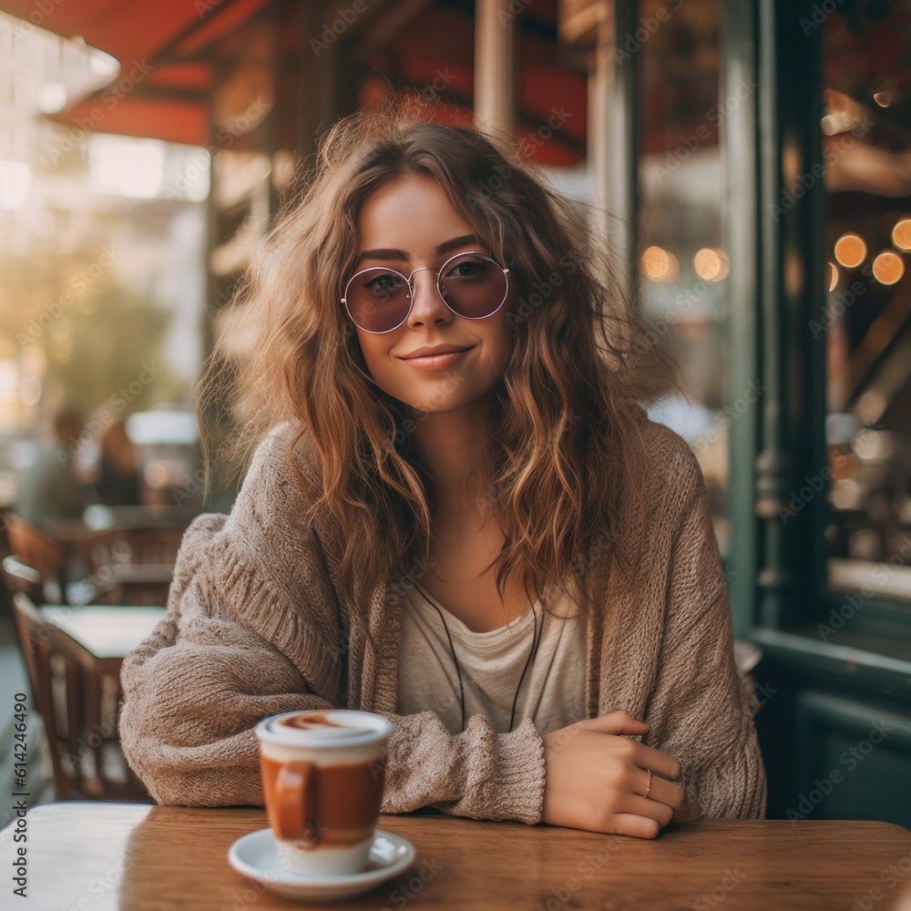 Happy girl drinks coffee in the cafe. Illustration AI Generative.