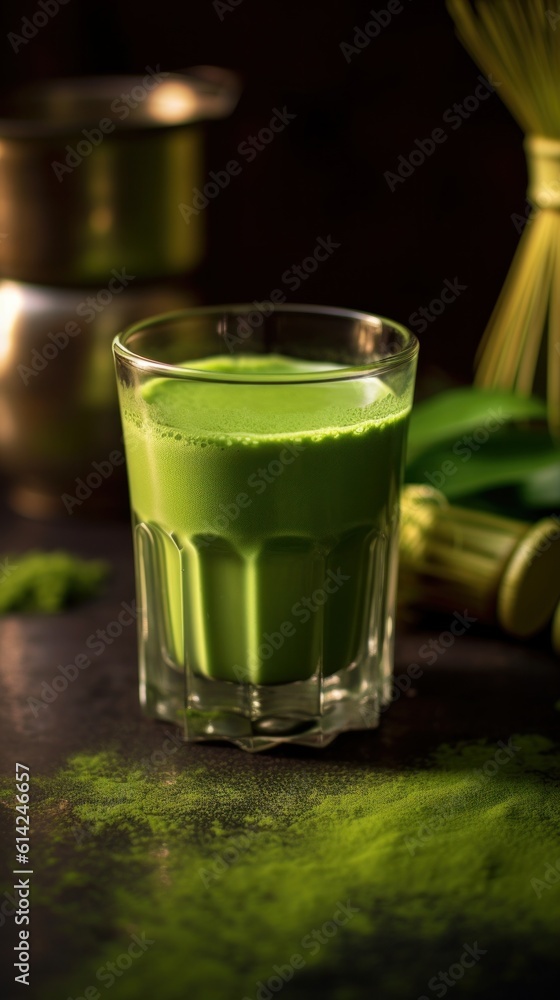 Green matcha in glass. Illustration AI Generative.