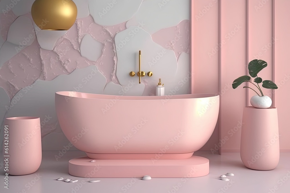 Pink Bathtub with Decorative Vases in a Bathroom. Generative AI