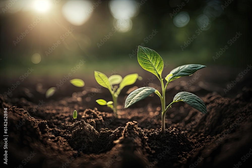 close-up view of a green plant sprouting from fertile soil. Generative AI