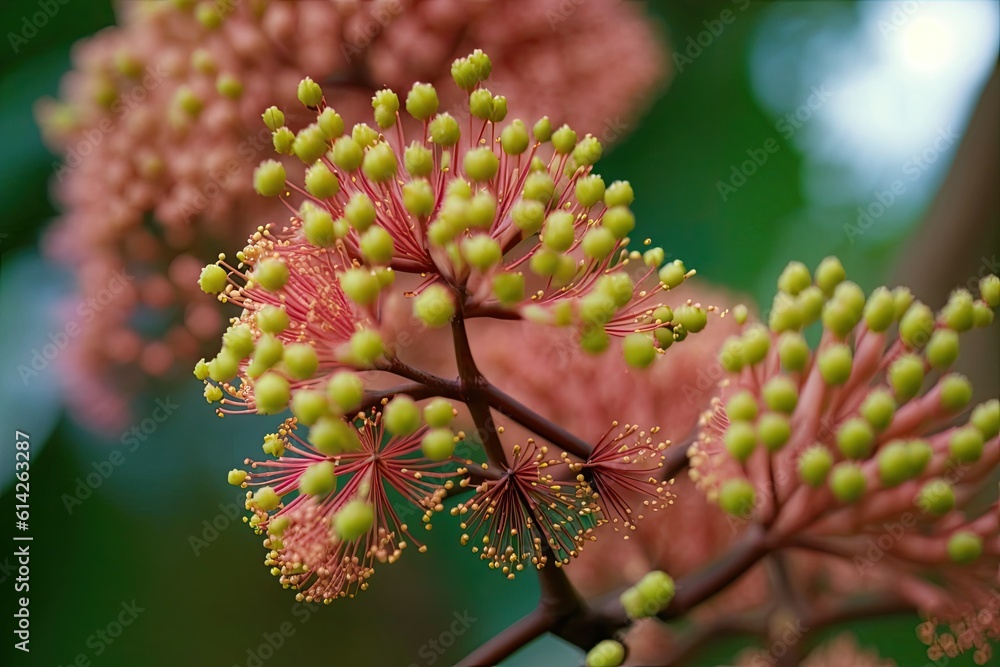 close up of a vibrant flower blooming on a tree branch. Generative AI