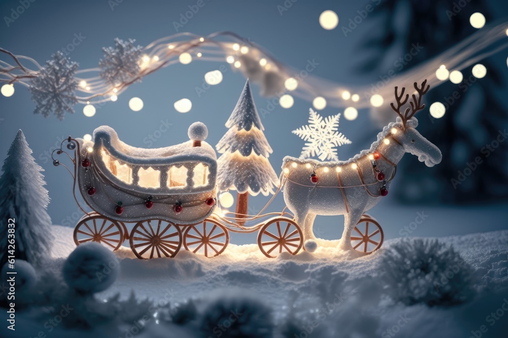 festive sleigh ride with Santa Claus and his reindeer flying in the night sky. Generative AI