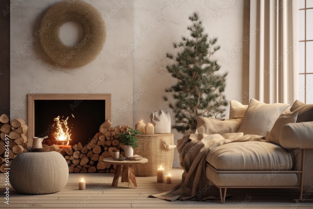 Cozy Christmas Background with Fireplace. Illustration AI Generative.