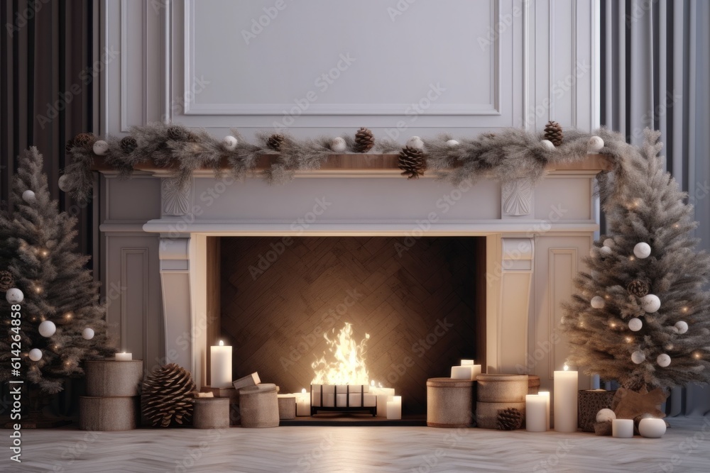 Cozy Christmas Background with Fireplace. Illustration AI Generative.