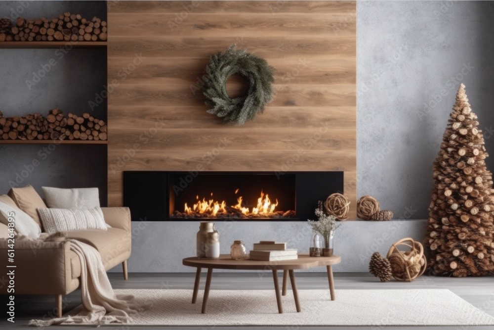 Cozy Christmas Background with Fireplace. Illustration AI Generative.