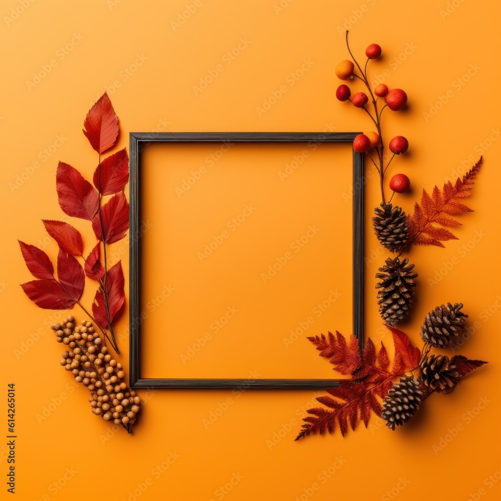 Autumn frame with falling leaves. Illustration AI Generative.