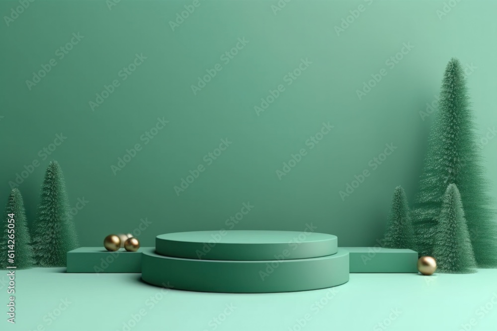 Green Christmas Podium Background. Illustration AI Generative.