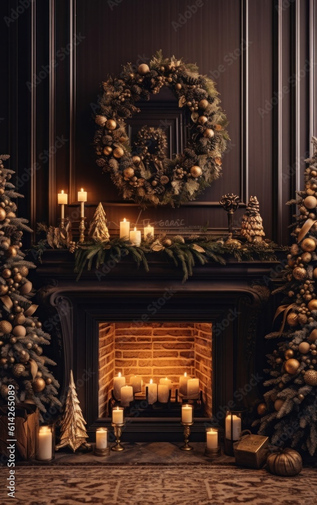 Cozy Christmas Background with Fireplace. Illustration AI Generative.