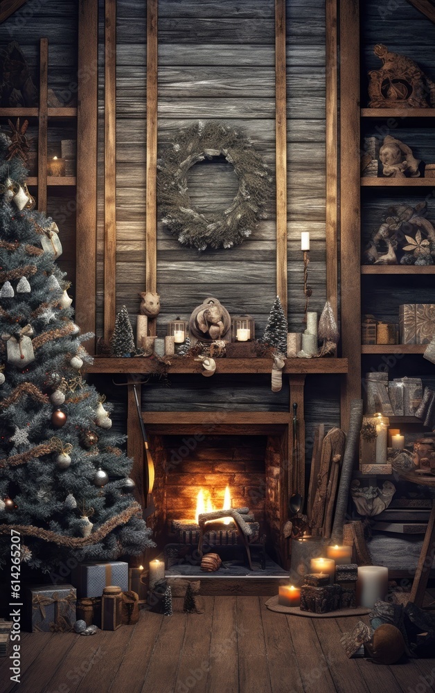 Decorated Winter Christmas Interior. Illustration Generative AI.