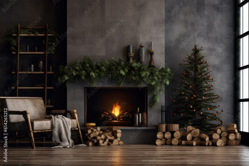 Cozy Christmas Background with Fireplace. Illustration AI Generative.