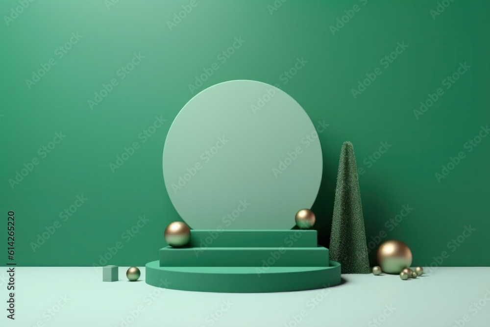 Green Christmas Podium Background. Illustration AI Generative.