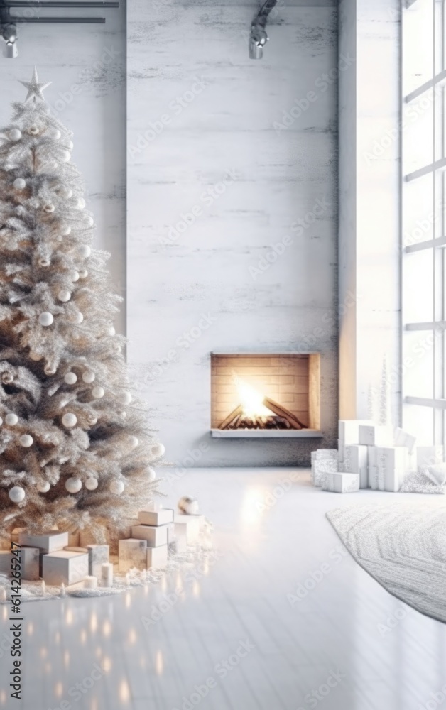 Cozy Christmas Background with Fireplace. Illustration AI Generative.