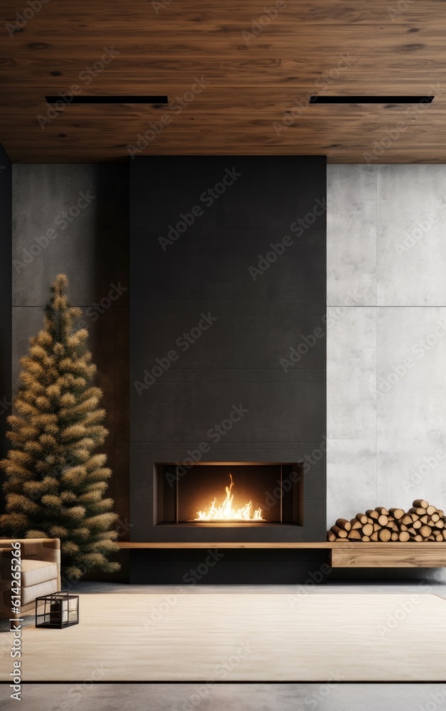 Cozy Christmas Background with Fireplace. Illustration AI Generative.