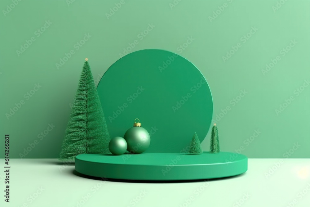 Green Christmas Podium Background. Illustration AI Generative.