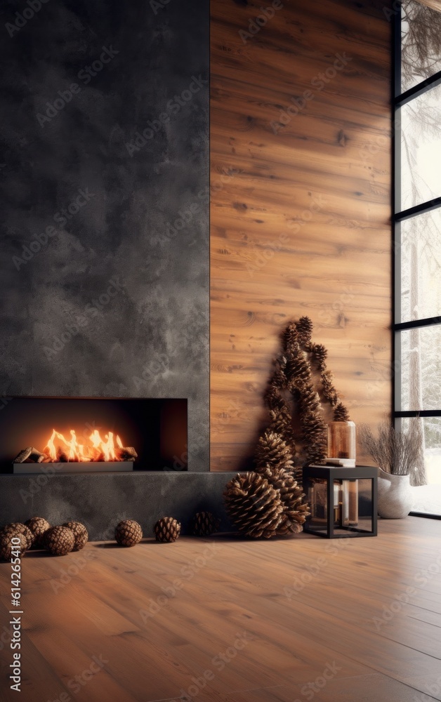 Cozy Christmas Background with Fireplace. Illustration AI Generative.